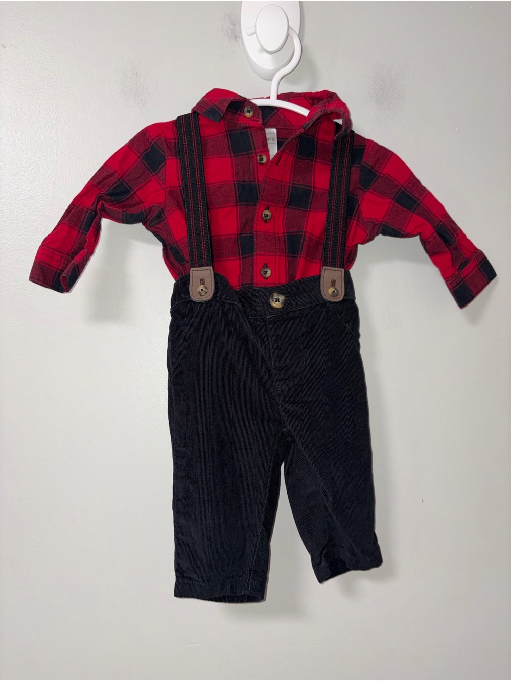 Just One You by Carters Red Black Plaid Romper Corduroy Suspender Pants Set 3M